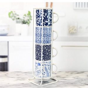 Set of 4 Coffee Break Tower Mugs in White blue